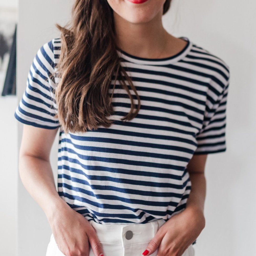 Everlane Navy and White Striped Short Sleeve Tee